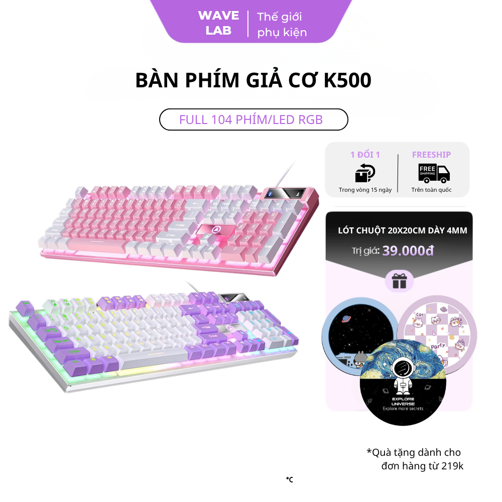 Bàn Phím Có Dây K500 Giả Cơ LED RGB, Bàn phím Giả Cơ 104 Phím Fullsize