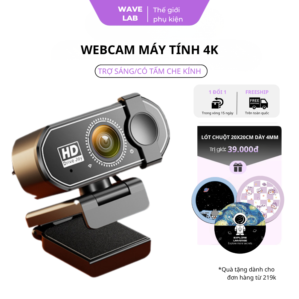 Webcam Livestream 4K Full HD Cho Máy Tính PC Laptop, Webcam Có Mic, Xoay 360°, Hình Ảnh Nét