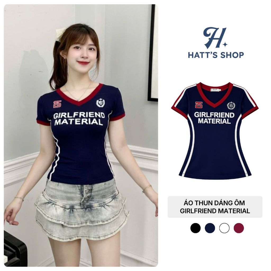 Áo Thun BabyTee Ôm Dáng GIRLFRIEND MATERIAL Áo Phông Chất Cotton Dáng Ôm Cổ Chữ V 4 Màu Co Giãn Tốt 
