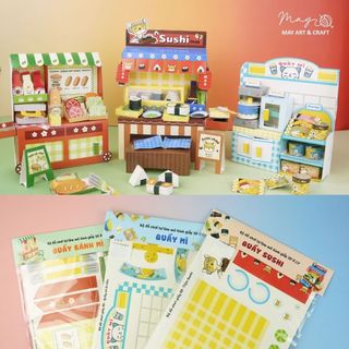 3 set đồ chơi giấy tự làm mô hình lắp ráp 3D DIY chủ đề quầy bánh mì, quầy mì ăn liền, quầy sushi Tiệm tạp hoá Nhà May
