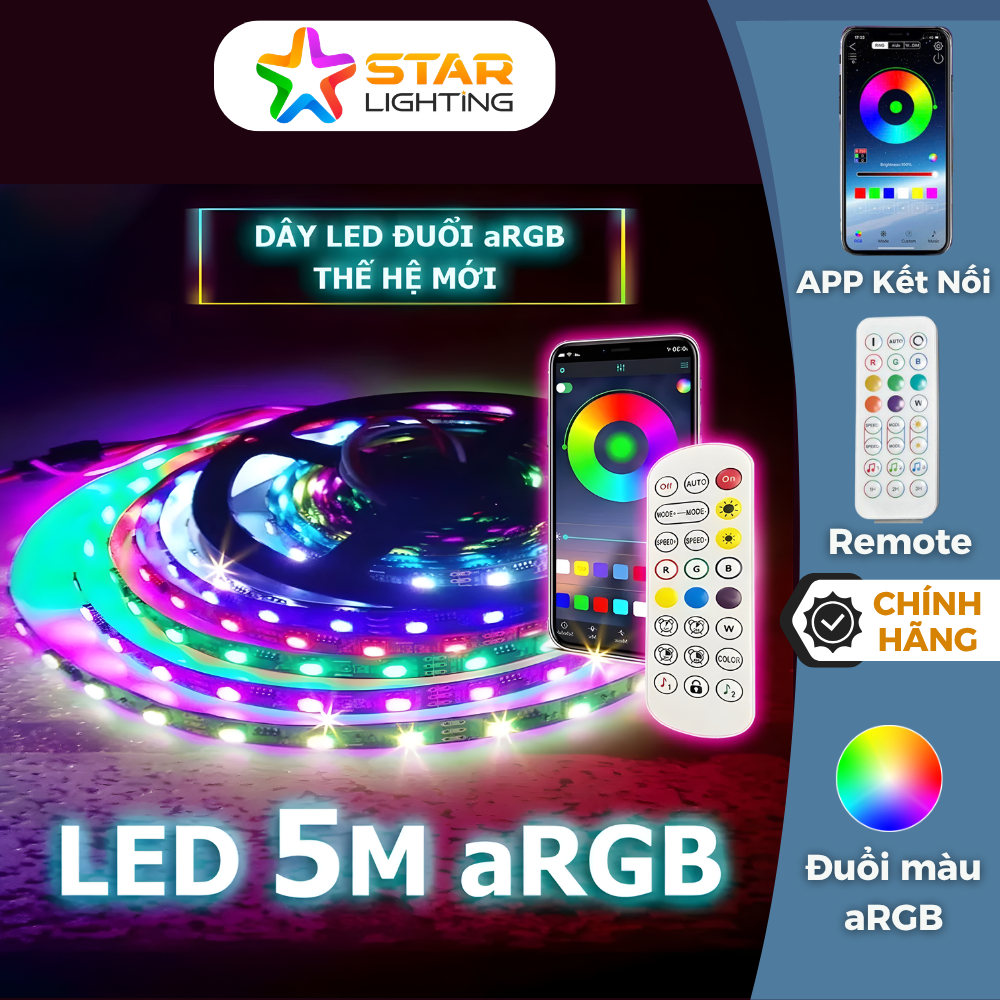 Dây đèn led đuổi ARGB 16 triệu màu dài 5m-20m, cảm biến âm thanh, điều khiển bằng điện thoại