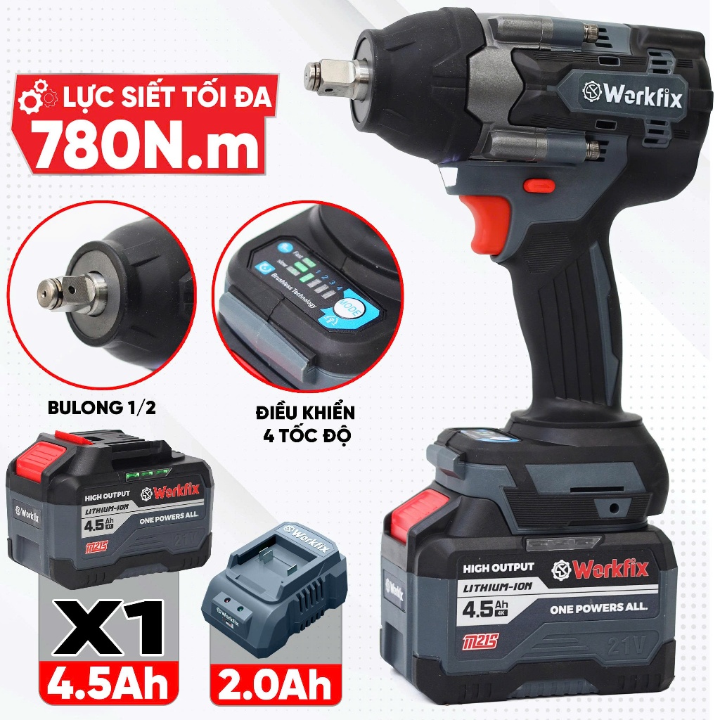 Máy Siết Bulong WORKFIX WF-IW650N 21V, Lực Siết 650Nm, Dùng Pin Lithium