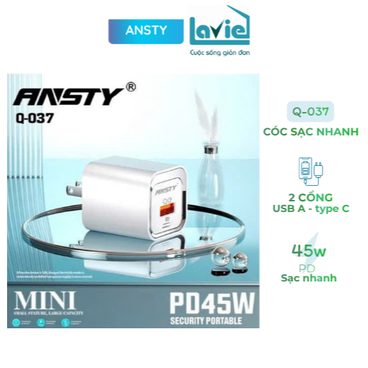 Bộ sạc nhanh Ansty 45W Q-037- PT 2 cổng sạc kèm cáp sạc type C to type PD