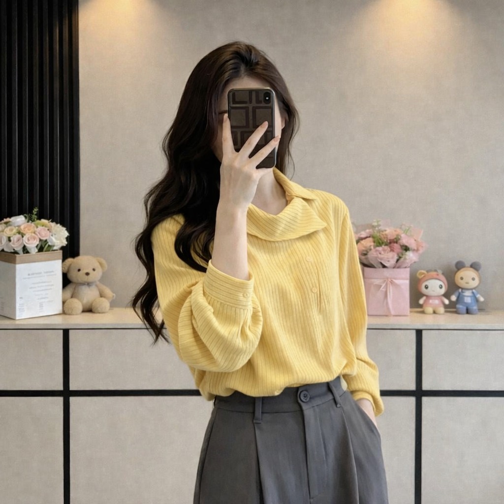 Áo Sơ Mi Nữ Tay Dài Cổ Đổ Cách Điệu - Hàn Quốc Thanh Lịch (C1)