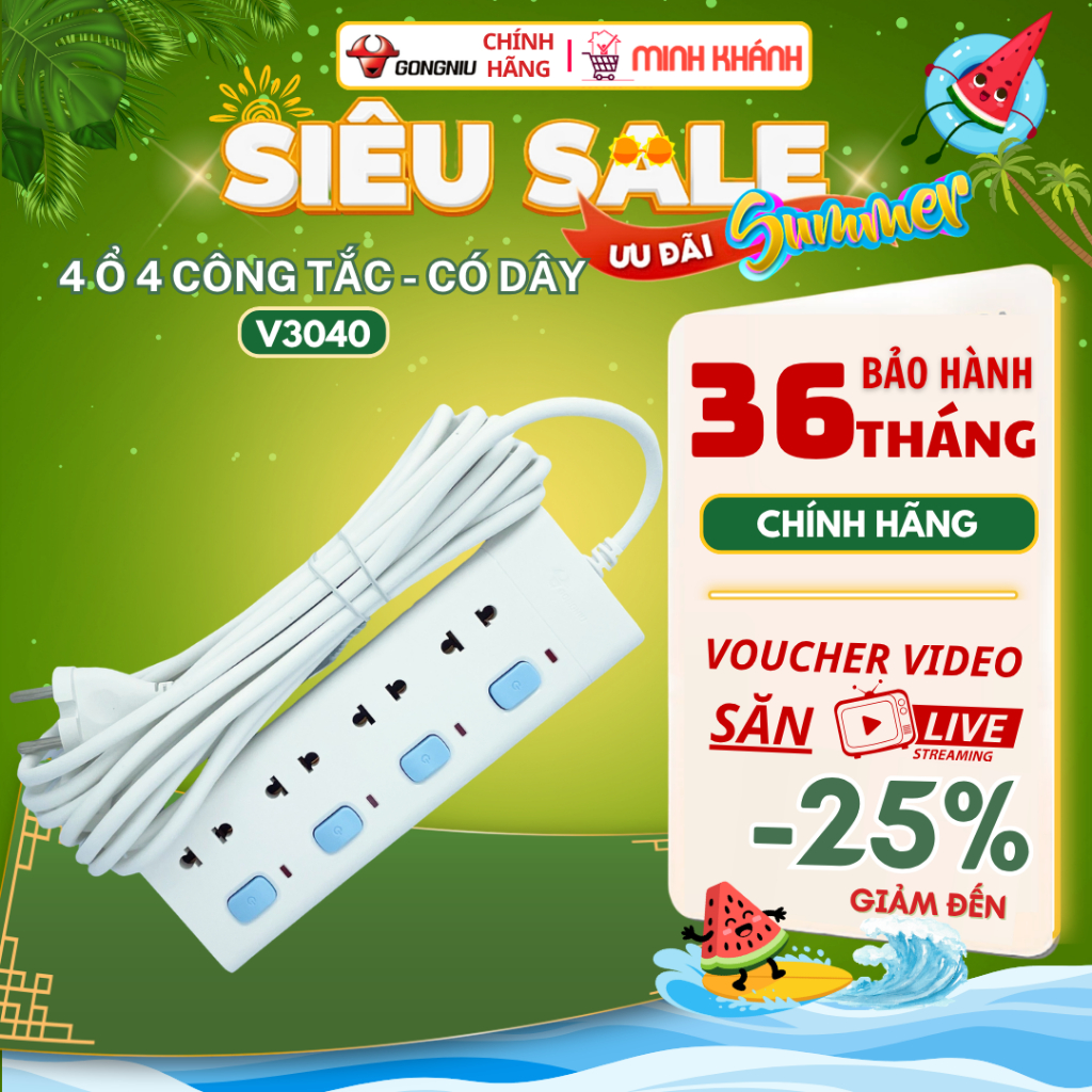 Ổ cắm điện Gongniu V3040 - 4 ổ cắm, 10A/250V, dây dài 3m, màu trắng