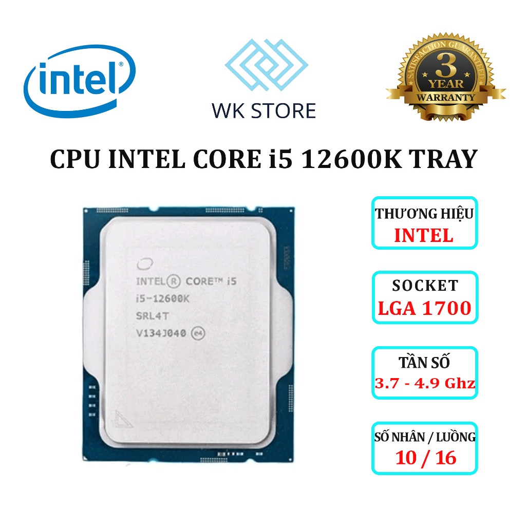 Bộ vi xử lý Intel Core i5 12600K Tray | 3.7GHz Turbo 4.9GHz, 10 Nhân 16 Luồng, 20MB | Mới, Bảo Hành 