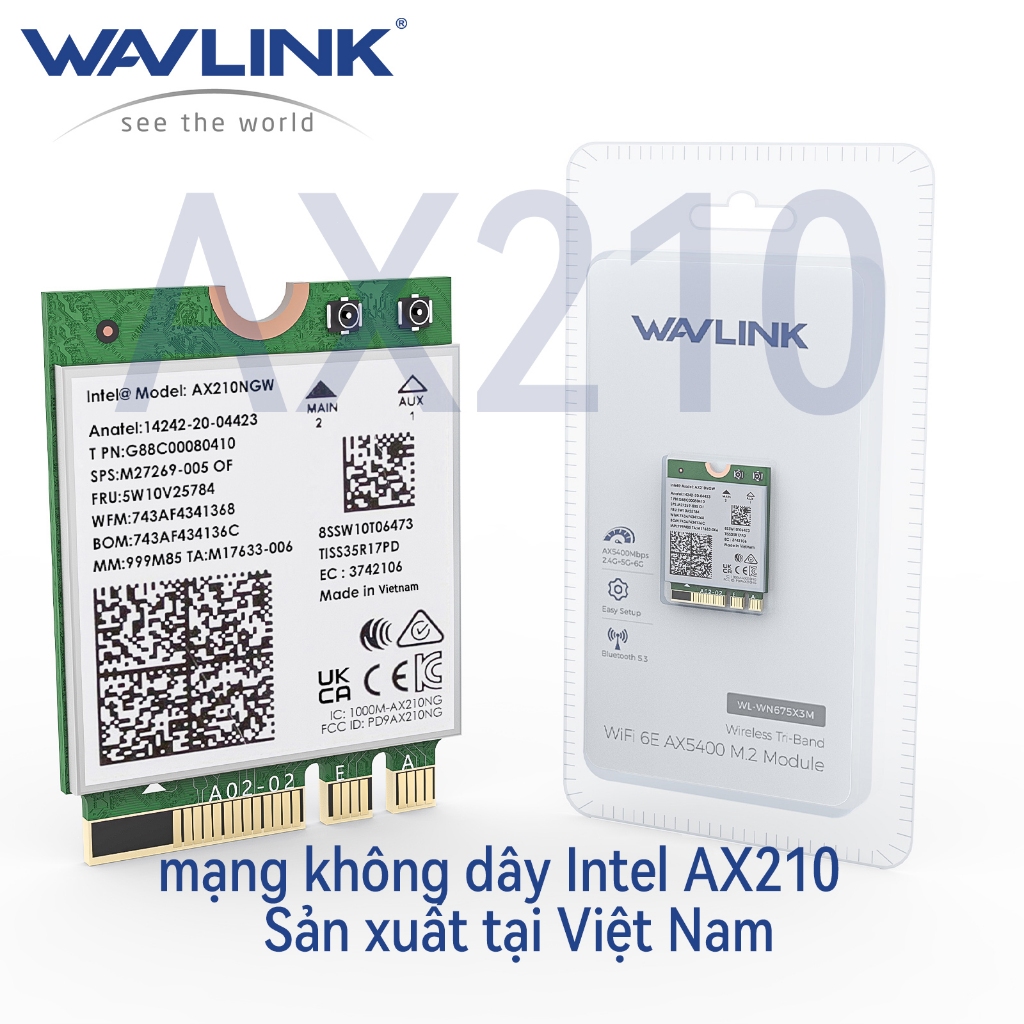 Thẻ WiFi 6E WAVLINK Intel AX210 5400Mbps 2.4GHz/5GHz/6GHz Bluetooth 5.3 độ trễ siêu thấp &Wifi 7 BE2