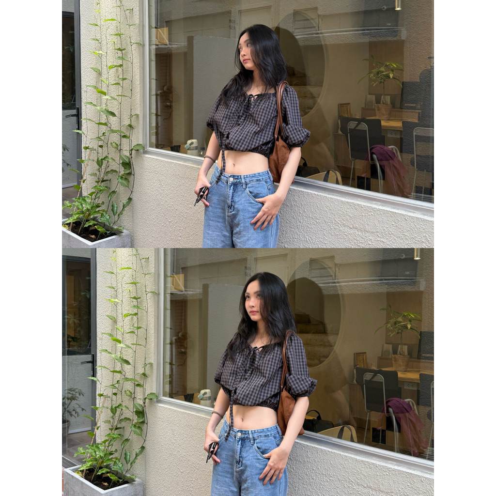 Achieve Peace - ARI TOP GINGHAM áo caro tay phồng cổ điển