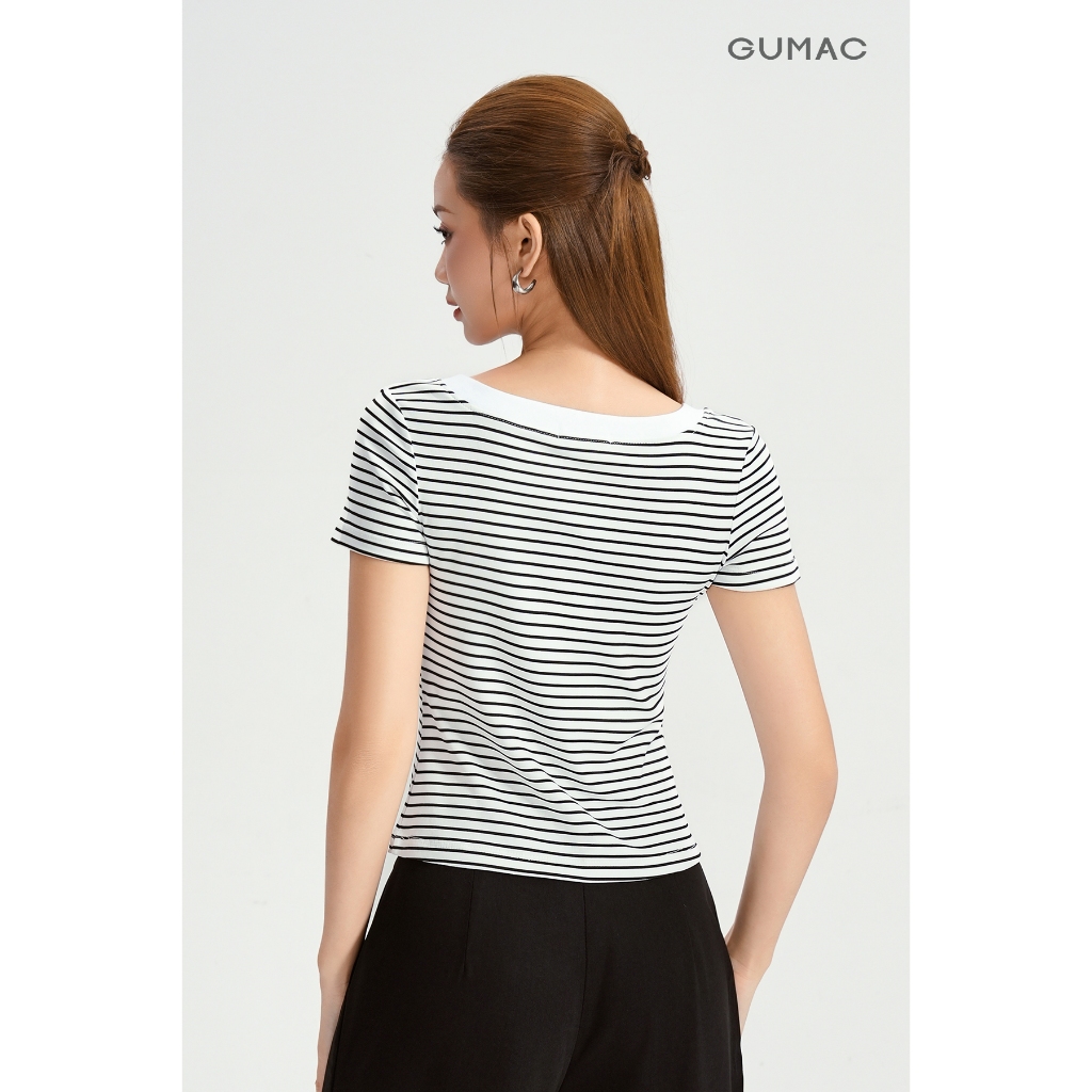Áo Thun Cổ Vuông Nữ GUMAC Áo Phông Kẻ Sọc Ngang Dáng Ôm Chất Thun Gân Co Giãn LATG0407 | BigBuy360 - bigbuy360.vn