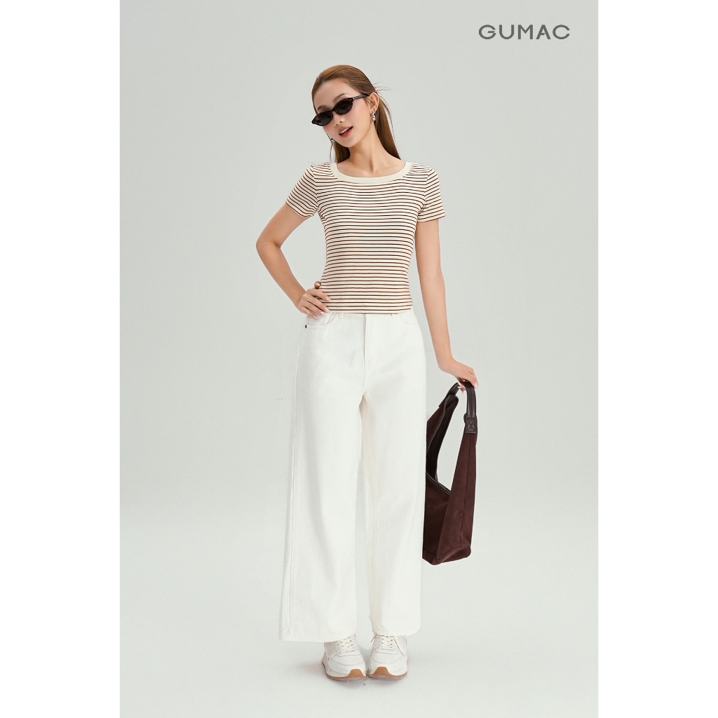Áo Thun Cổ Vuông Nữ GUMAC Áo Phông Kẻ Sọc Ngang Dáng Ôm Chất Thun Gân Co Giãn LATG0407 | BigBuy360 - bigbuy360.vn