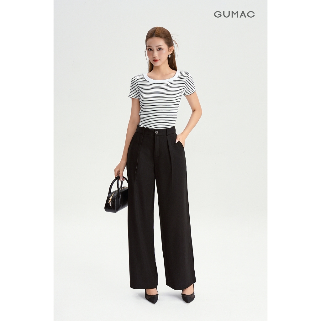 Áo Thun Cổ Vuông Nữ GUMAC Áo Phông Kẻ Sọc Ngang Dáng Ôm Chất Thun Gân Co Giãn LATG0407 | BigBuy360 - bigbuy360.vn