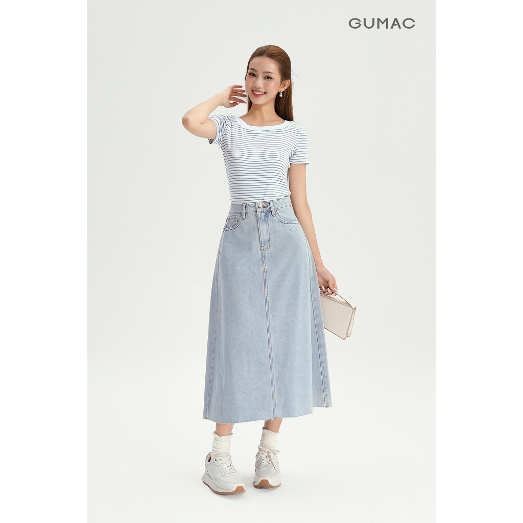 Áo Thun Cổ Vuông Nữ GUMAC Áo Phông Kẻ Sọc Ngang Dáng Ôm Chất Thun Gân Co Giãn LATG0407 | BigBuy360 - bigbuy360.vn