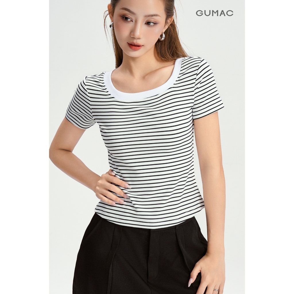 Áo Thun Cổ Vuông Nữ GUMAC Áo Phông Kẻ Sọc Ngang Dáng Ôm Chất Thun Gân Co Giãn LATG0407 | BigBuy360 - bigbuy360.vn