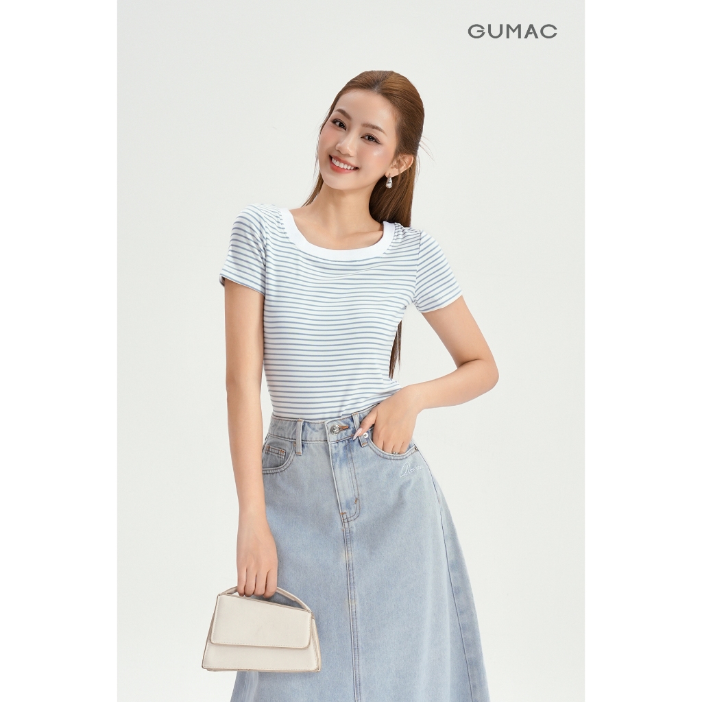 Áo Thun Cổ Vuông Nữ GUMAC Áo Phông Kẻ Sọc Ngang Dáng Ôm Chất Thun Gân Co Giãn LATG0407 | BigBuy360 - bigbuy360.vn