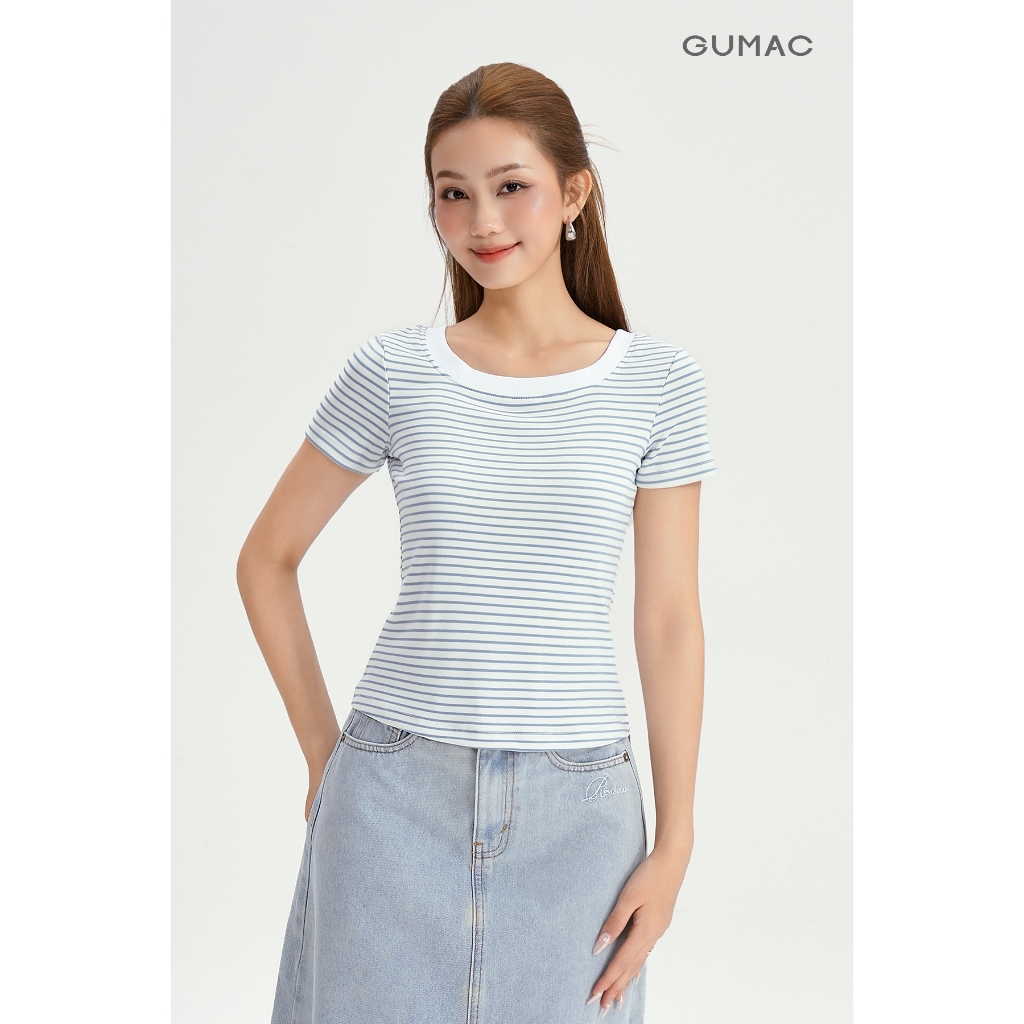 Áo Thun Cổ Vuông Nữ GUMAC Áo Phông Kẻ Sọc Ngang Dáng Ôm Chất Thun Gân Co Giãn LATG0407 | BigBuy360 - bigbuy360.vn