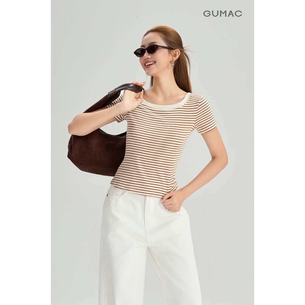 Áo Thun Cổ Vuông Nữ GUMAC Áo Phông Kẻ Sọc Ngang Dáng Ôm Chất Thun Gân Co Giãn LATG0407 | BigBuy360 - bigbuy360.vn