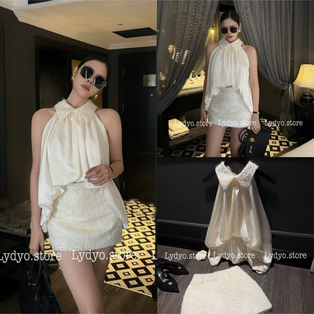 Set váy đầm yếm đuôi tôm, áo yếm cổ đức phối chân váy lông thỏ bling bling dự tiệc cưới sang chảnh t