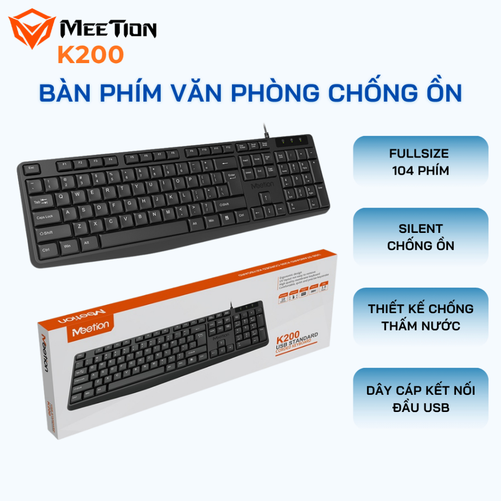 Bàn phím văn phòng K200 MeeTion 104 phím thiết kế Ergonomic keycap gia công UV độ bền cao
