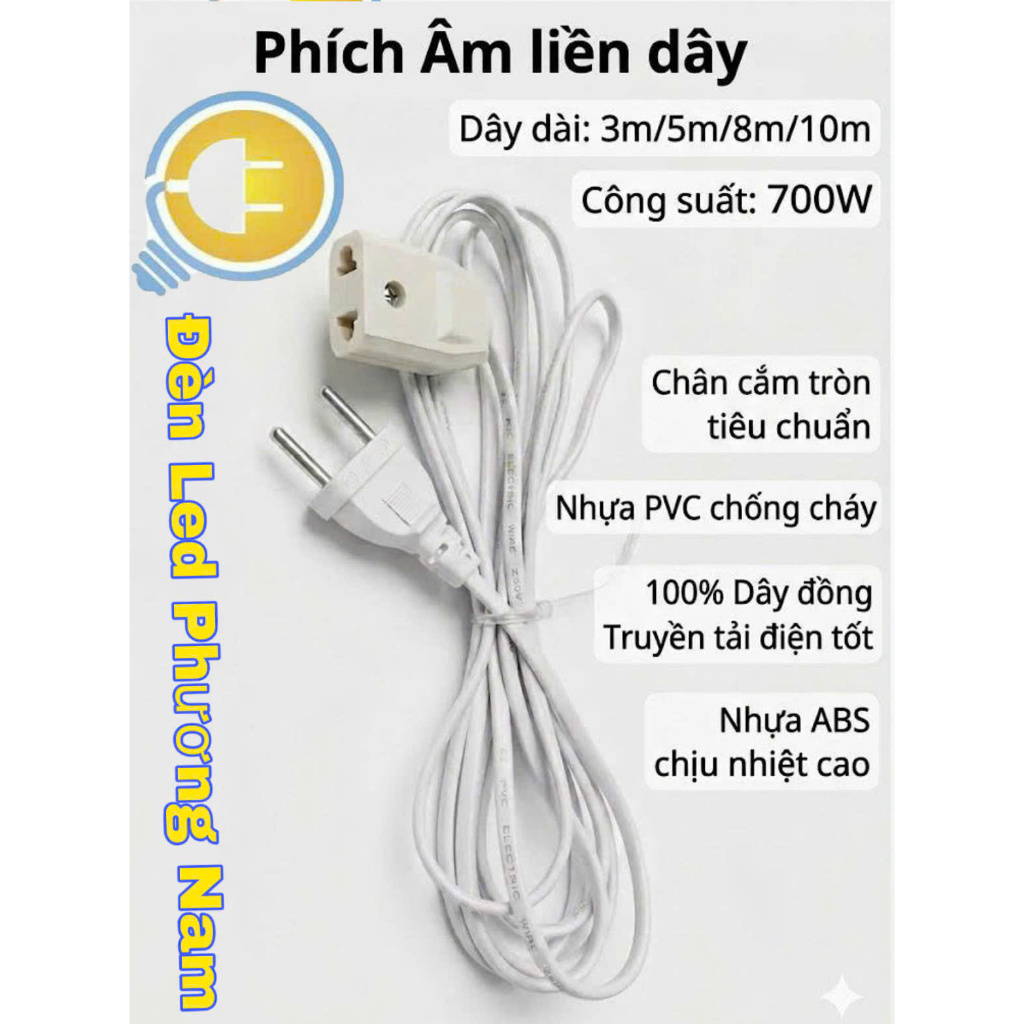 Phích Nối Liền Dây 5m-8m-10m, phích âm liền dây