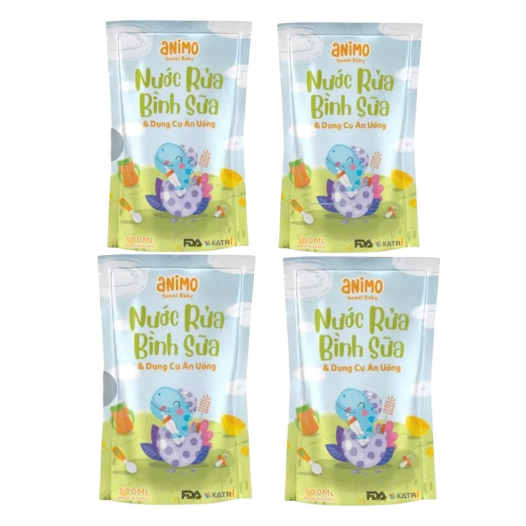 Combo 4 gói nước rửa bình sữa và dụng cụ ăn uống Animo dung tích 500ml