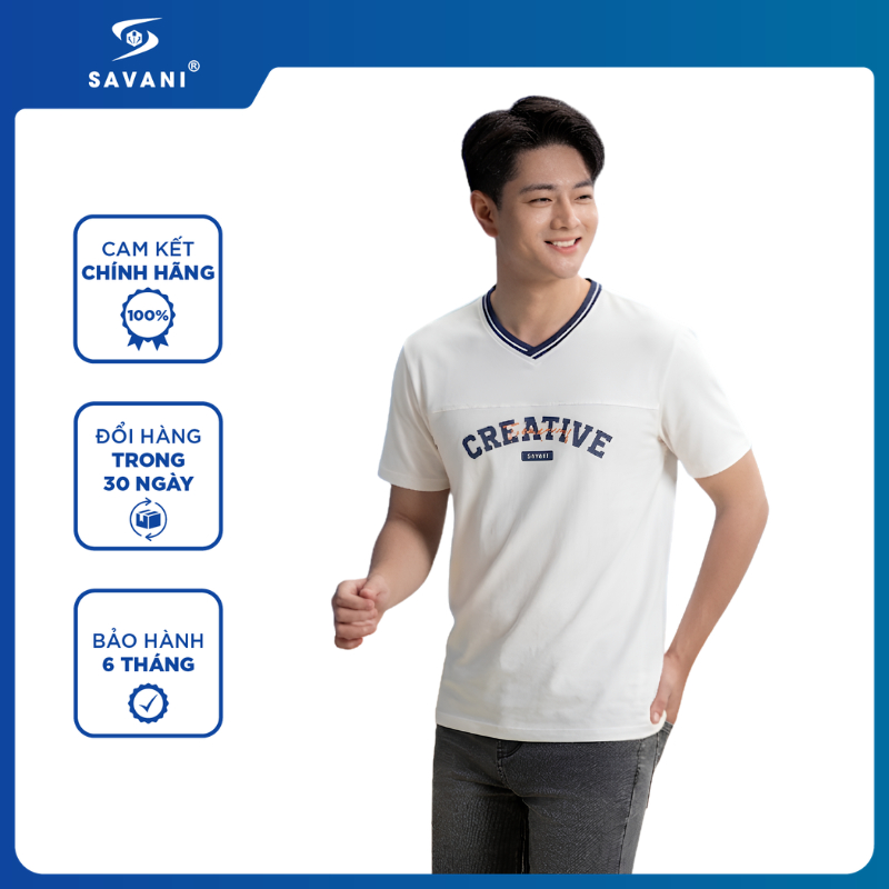 Áo Thun Cổ Tim Gia Đình Nam, SAVANI, Áo Phông Dáng Rộng Thoải Mái, Chất Cotton Thoáng Mát MTFT001S6