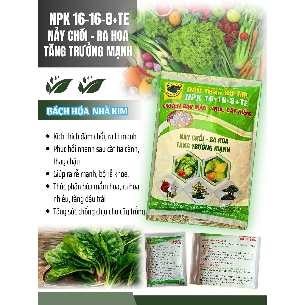 Đầu trâu NPK 16-16-8 + TE Nảy chồi, ra hoa, tăng trưởng mạnh chuyên cho rau màu, cây kiểng