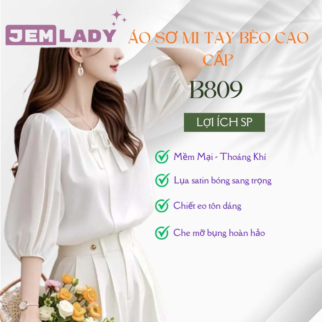 Áo Sơ Mi JemLady Áo Kiểu Công Sở nữ Tay Bèo, Cổ Đính Nơ, Tay Lửng,Chất Lụa Satin Cao Cấp - B809
