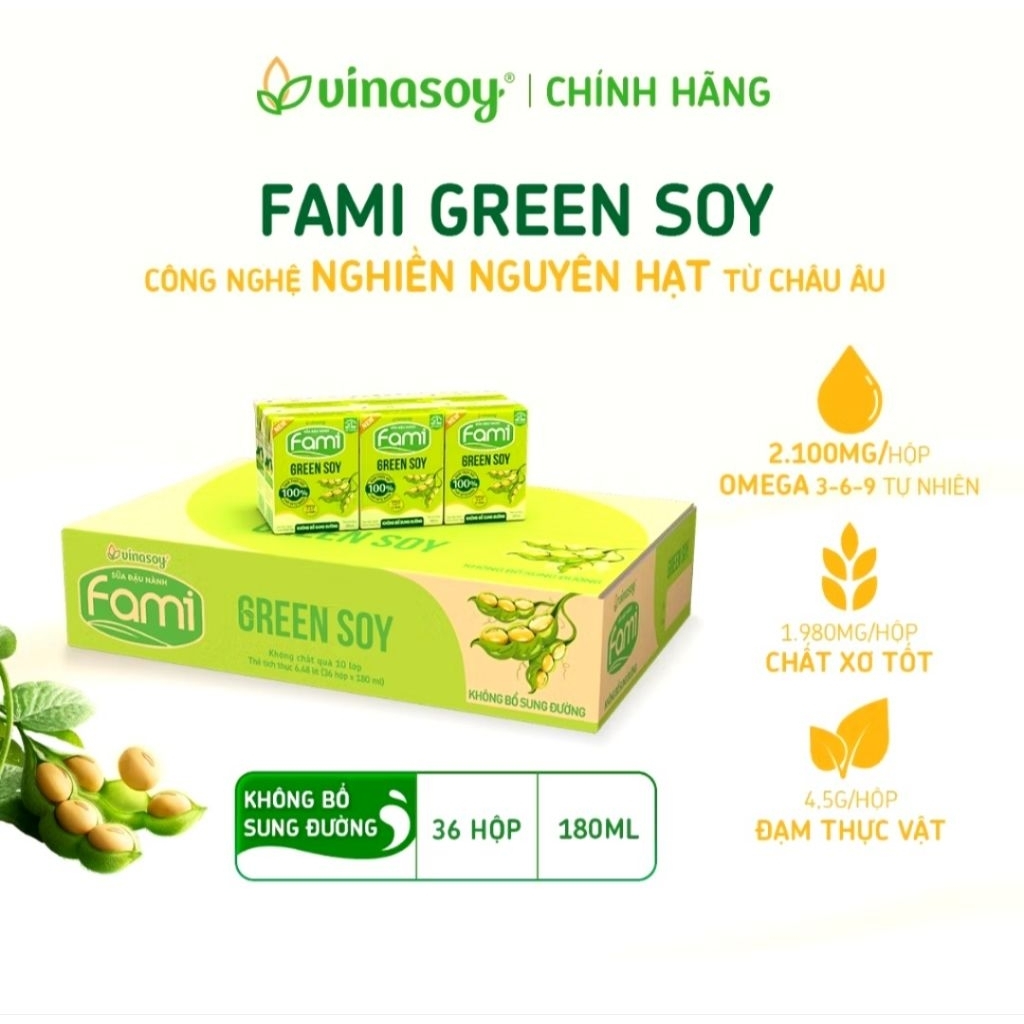 1 Thùng Sữa Đậu Nành Fami Green Soy Không Bổ Sung Đường (36 hộp × 180ml)