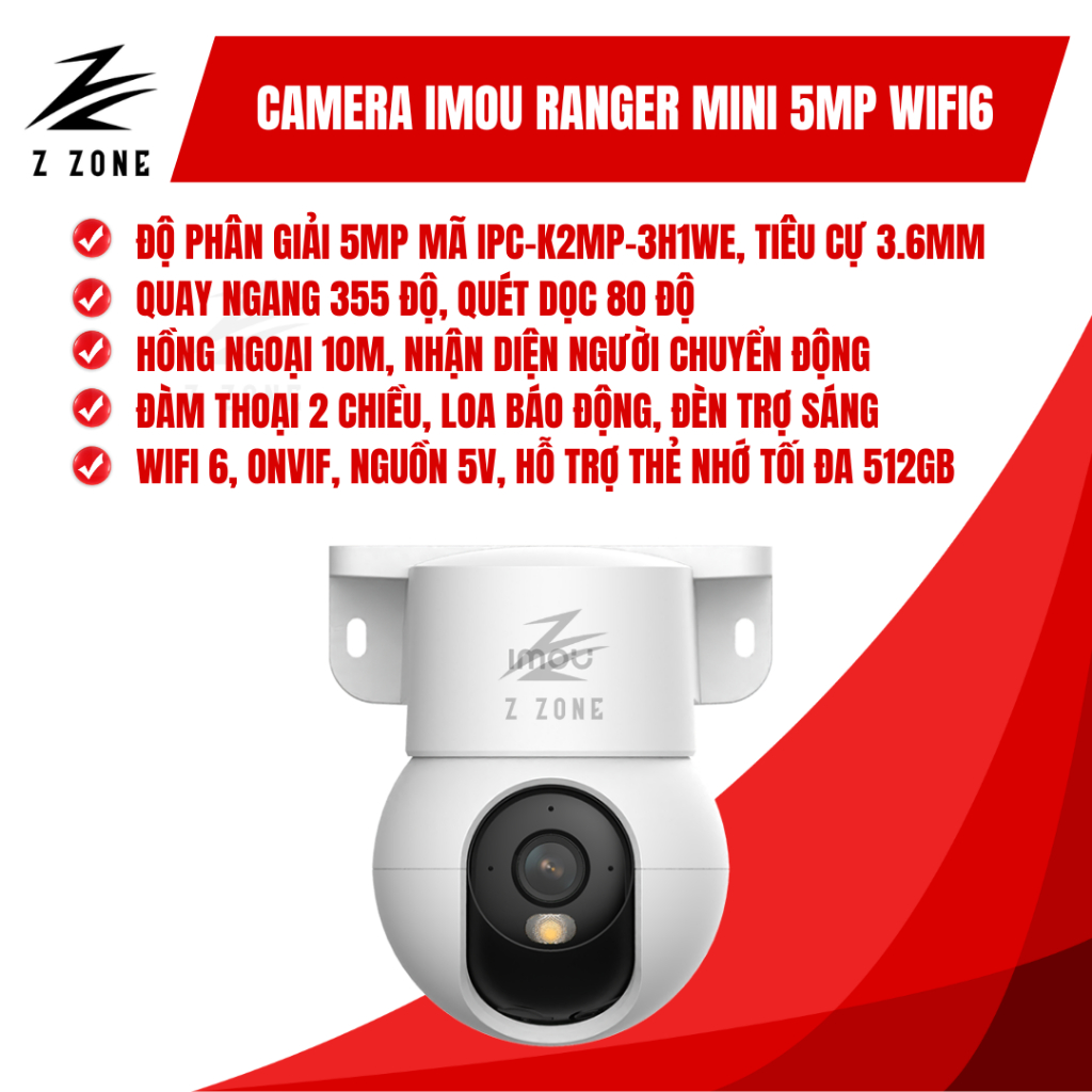 Camera Imou Wifi IPC-K2MP-5H1WE Ranger Mini 3K 5MP - Trong Nhà, Xoay 360°, AI Phát Hiện Chuyển Động
