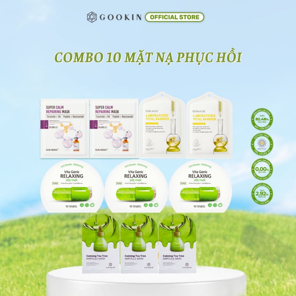 Combo 10 Mix Mặt nạ phục hồi SUR.MEDIC Tím x2+ Derladie Vàng x2+ Gookin Xanh lá x3+ BNBG Xanh lá x3