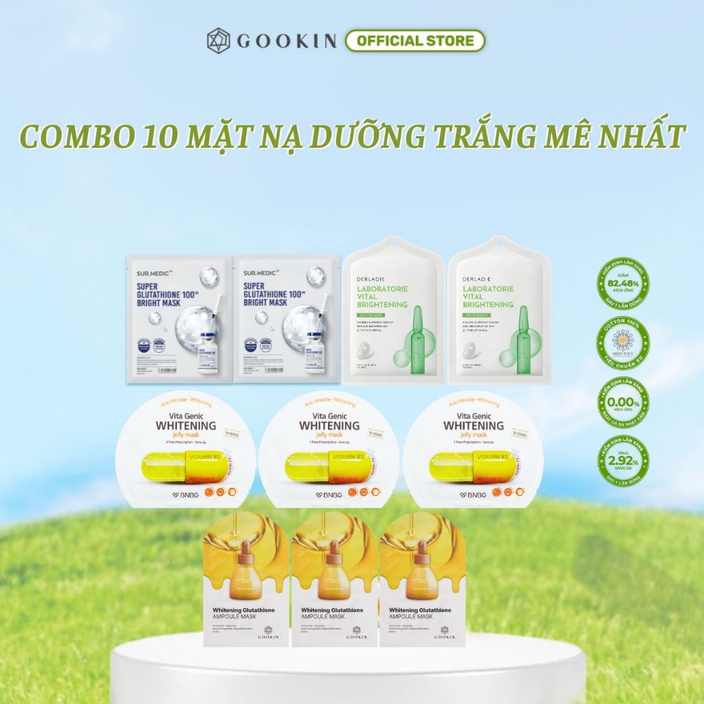 Combo 10 Mix Mặt nạ dưỡng trắng SUR.MEDIC Trắng x2+ Derladie Xanh Lá x2+ Gookin Vàng x3+ BNBG Vàng x