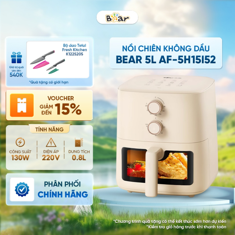Nồi chiên không dầu Bear 5L AF-5H15I52 (Bản Quốc Tế) - Công suất lớn 1500W - Bảo hành 18 Tháng