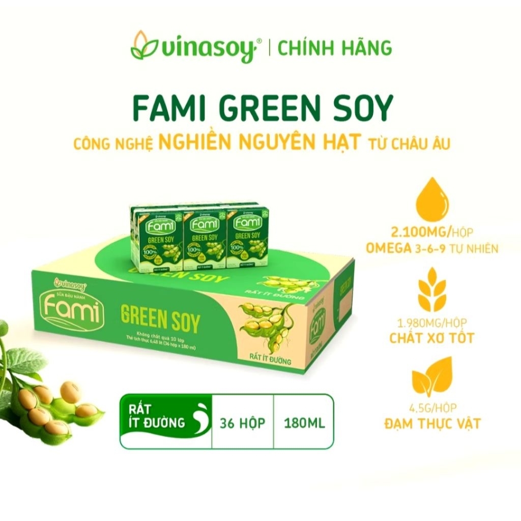 1 Thùng Sữa Đậu Nành Fami Green Soy Rất Ít Đường (36 hộp × 180ml)