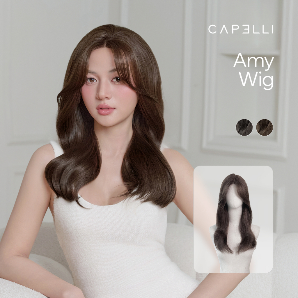 Tóc Giả Nguyên Đầu Siêu Da Lưới Lace CAPELLI Xoăn Lơi Mái Bay Màu Trầm 45cm Amy Premium Wig