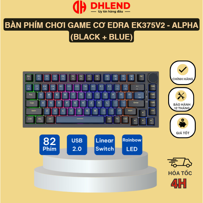 Bàn phím chơi game cơ EDRA EK375v2 - Alpha (Black + Blue)