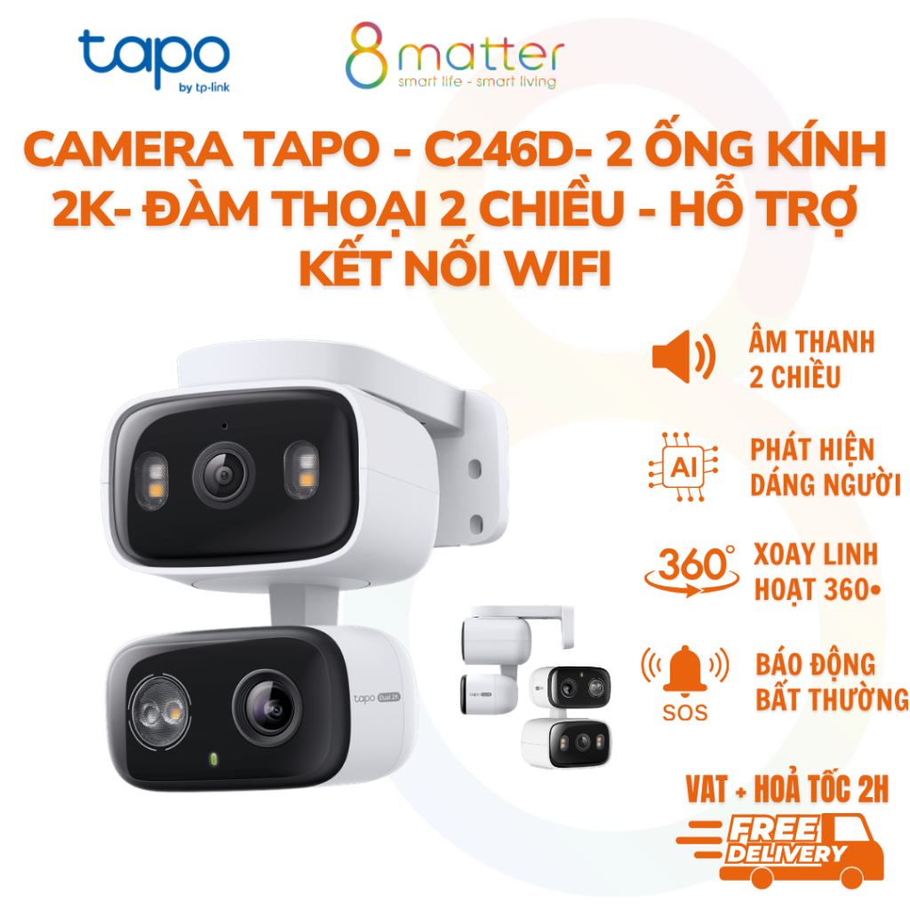 Tapo C246D Camera Wi-Fi 2 Ống Kính 2K, Chống Nước, Bảo Hành Chính Hãng