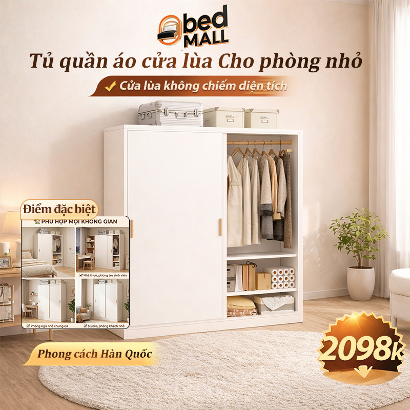 Tủ Quần Áo Cửa Trượt Nhỏ Gọn Phong Cách Hàn Quốc Hiện Đại Cho phòng nhỏ Có Kệ Thanh Treo Tiện Lợi
