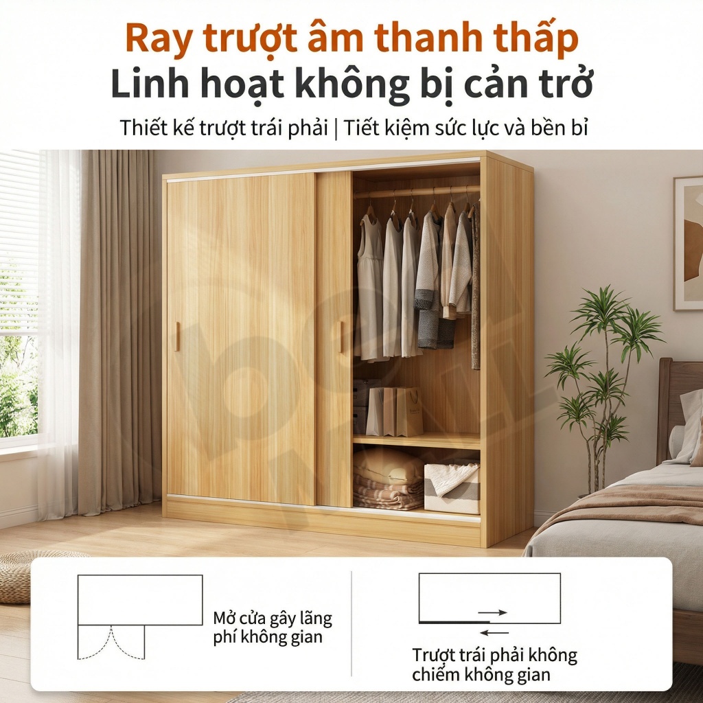 Tủ Quần Áo Cửa Trượt Nhỏ Gọn Phong Cách Hàn Quốc Hiện Đại Cho phòng nhỏ Có Kệ Thanh Treo Tiện Lợi | BigBuy360 - bigbuy360.vn