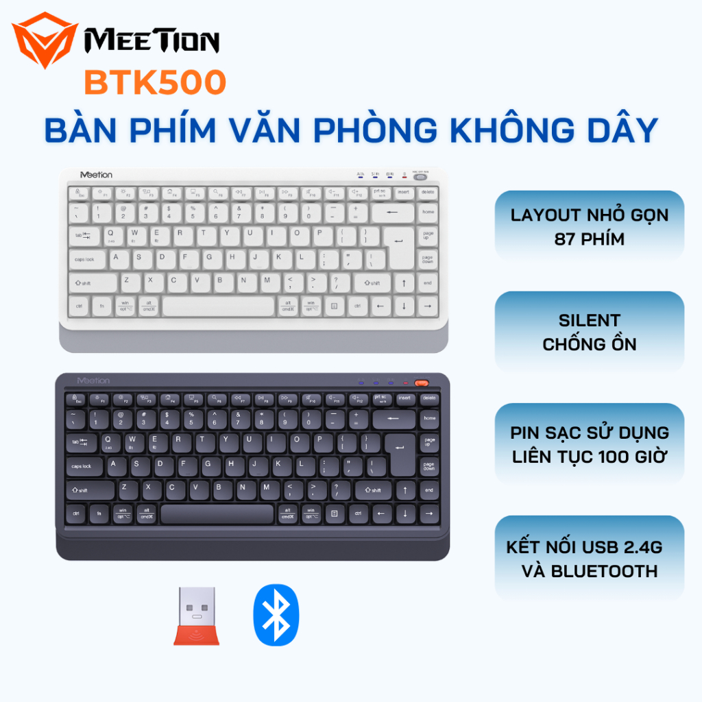 Bàn phím không dây Meetion BTK500 chống ồn kết nối Bluetooth/USB 2.4G 87 phím pin sạc sử dụng 100H | BigBuy360 - bigbuy360.vn