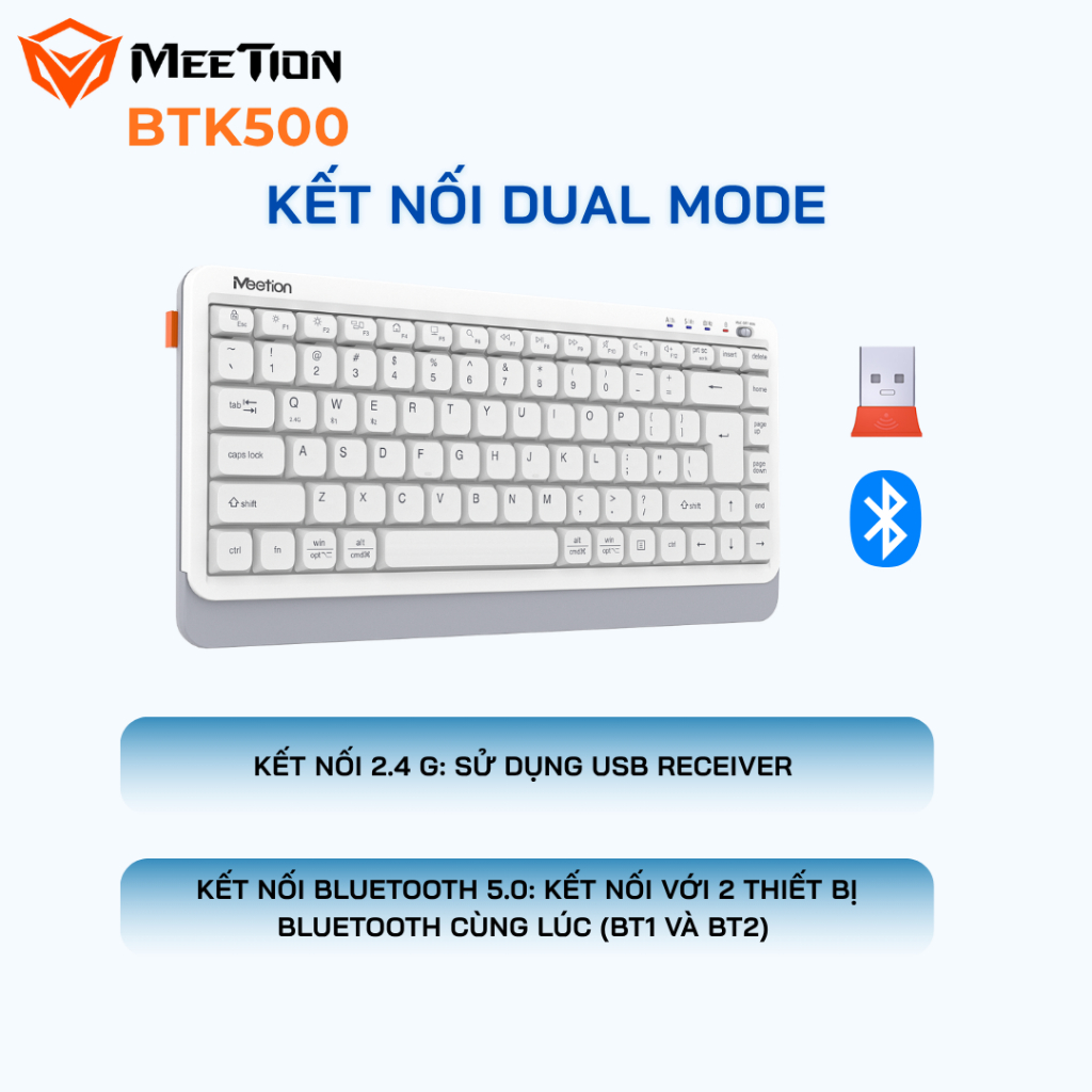 Bàn phím không dây Meetion BTK500 chống ồn kết nối Bluetooth/USB 2.4G 87 phím pin sạc sử dụng 100H | BigBuy360 - bigbuy360.vn