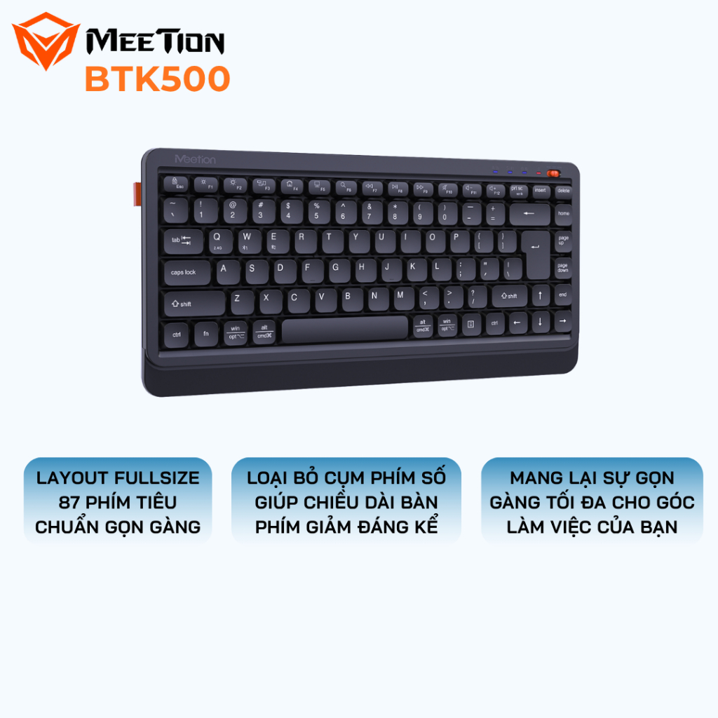 Bàn phím không dây Meetion BTK500 chống ồn kết nối Bluetooth/USB 2.4G 87 phím pin sạc sử dụng 100H | BigBuy360 - bigbuy360.vn