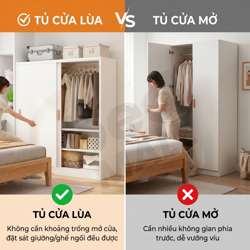 Tủ Quần Áo Cửa Trượt Nhỏ Gọn Phong Cách Hàn Quốc Hiện Đại Cho phòng nhỏ Có Kệ Thanh Treo Tiện Lợi | BigBuy360 - bigbuy360.vn