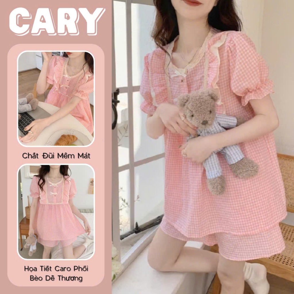 Bộ đồ ngủ pijama nữ cộc tay quần đùi họa tiết kẻ caro mặc nhà mùa hè phối nơ ren xinh xắn chất đũi x