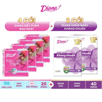 Combo 6 gói BVS siêu tiết kiệm: 4 gói Diana Siêu Thấm SMC 20 miếng + 2 gói Diana Hàng Ngày Kháng Khuẩn 40 miếng
