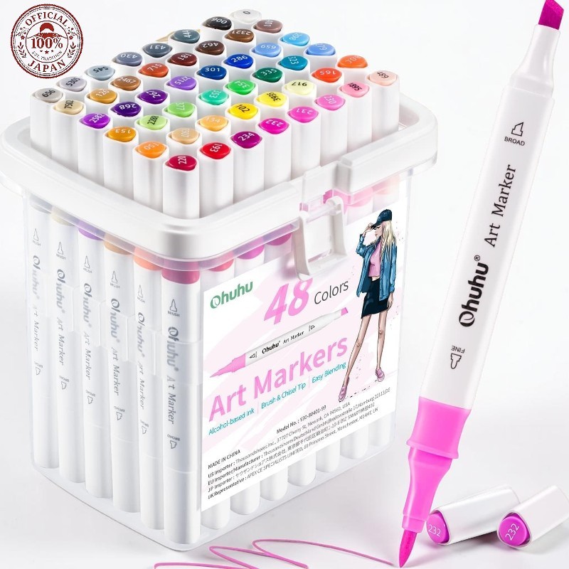 Ohuhu Marker Pens, Brush Type, 48 Colors, Alcohol Markers, Set A, Includes Blender Pen, Shipped from