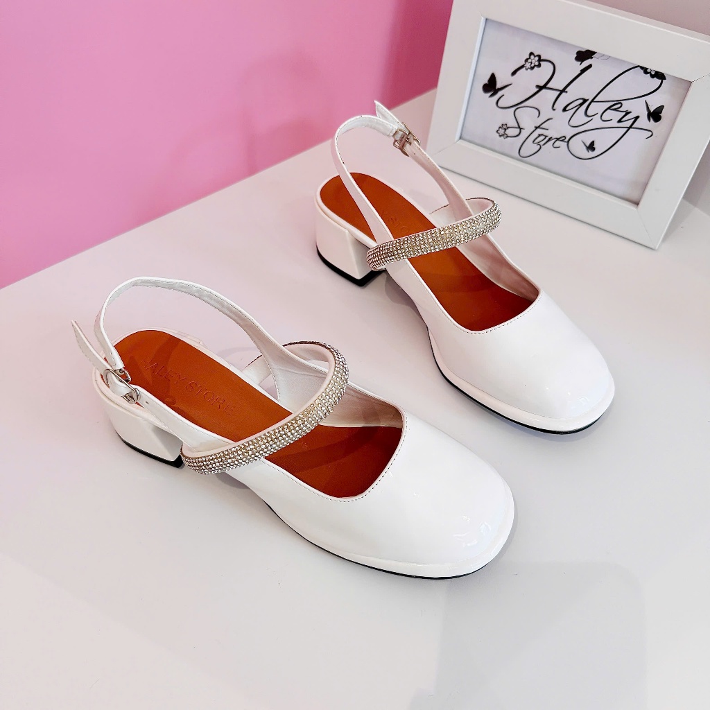 Giày búp bê marry xoàn HALEY STORE gót vuông 5p quai ngang đính đá xoàn tiểu thư công chúa cổ điển v