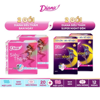 Combo 4 gói BVS siêu tiết kiệm: 2 gói Diana Siêu Thấm SMC 20 miếng + 2 gói Diana Siêu Thấm Super Night 35cm 12 miếng
