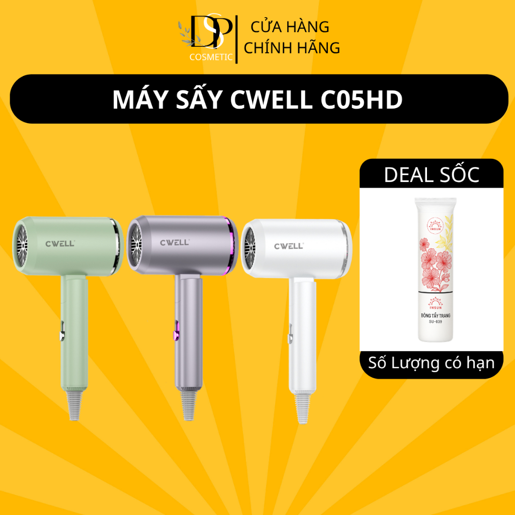 Máy sấy tóc CWELL 1800W gấp gọn 2 chiều nóng lạnh, 3 chế độ nhiệt, ánh sáng xanh- BẢN NÂNG CẤP C05HD