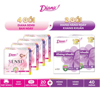 Combo 6 gói BVS siêu tiết kiệm: 4 gói Diana Sensi SMC 20 miếng + 2 gói Diana Hàng Ngày Kháng Khuẩn 40 miếng