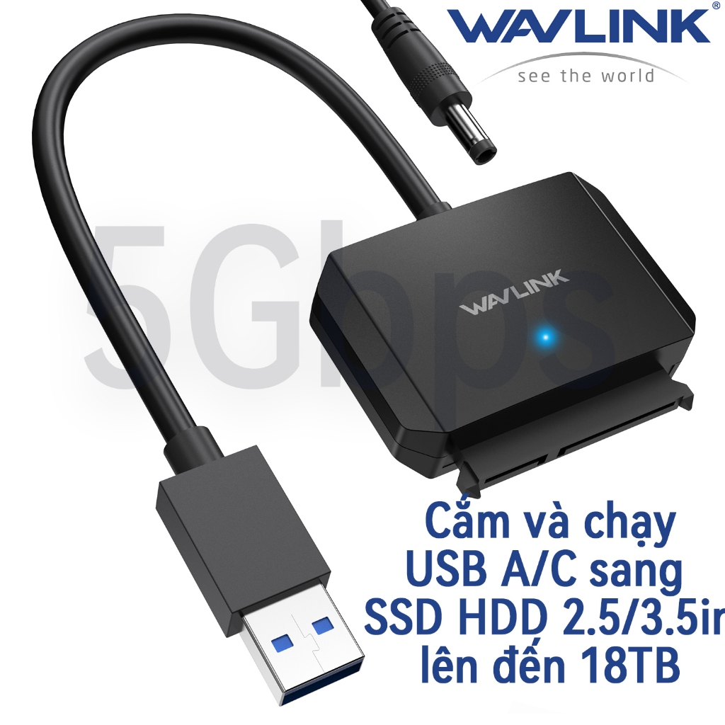 WAVLINK Bộ chuyển đổi SATA sang USB TYPE C cho HDD/SSD 2.5"/3.5" 5Gbps (kèm nguồn)